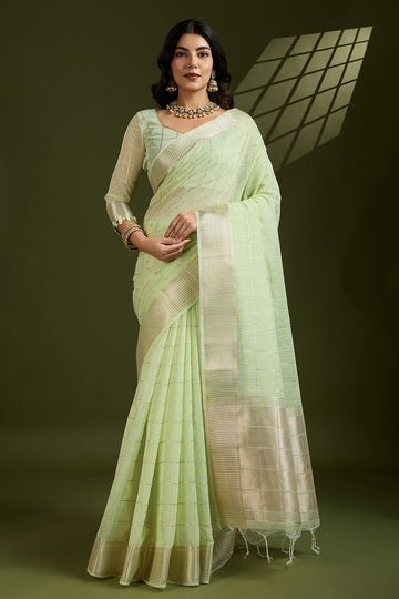 Delicate Pista Green Soft Silk Light Weight Saree Golden Border PR
