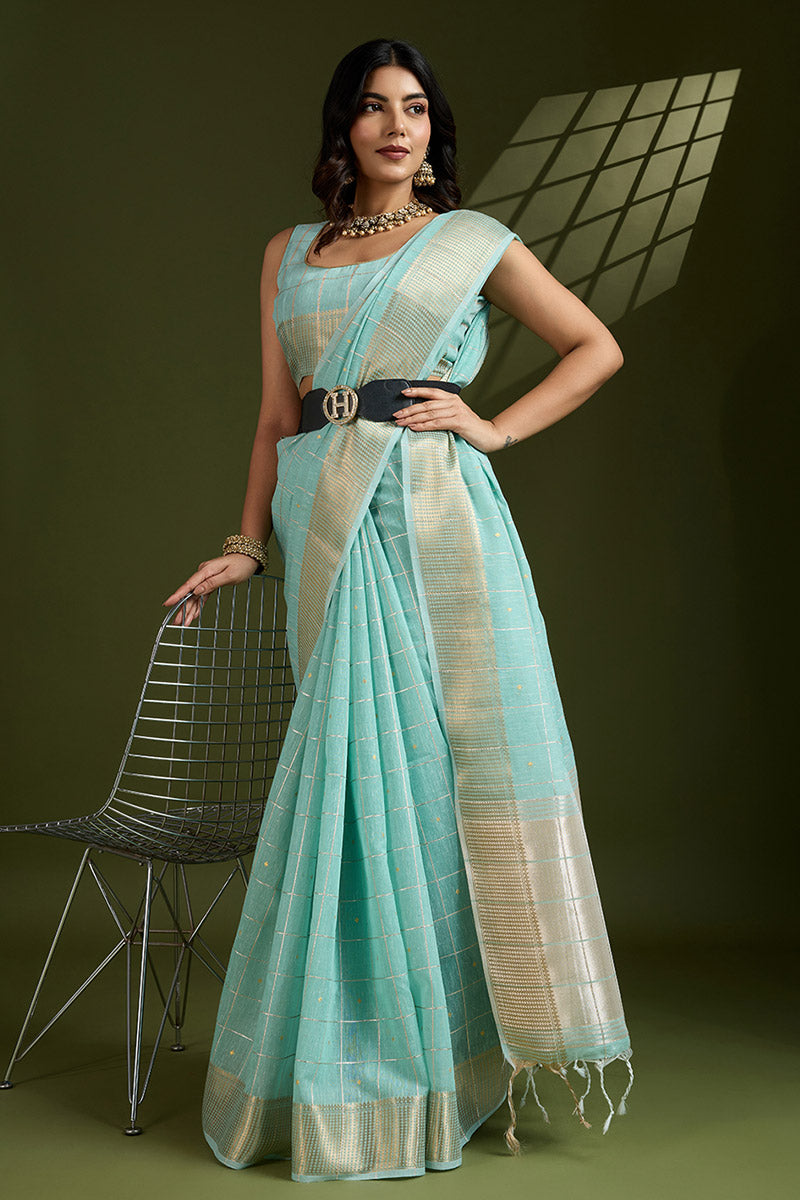 Delicate Sea Green Soft Silk Light Weight Saree Golden Border PR