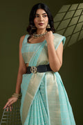 Delicate Sea Green Soft Silk Light Weight Saree Golden Border PR