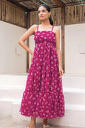 Maroon Fully Flared Garden Tiered Floral Sleeveless Maxi Dress PR
