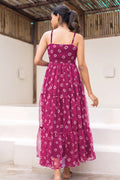 Maroon Fully Flared Garden Tiered Floral Sleeveless Maxi Dress PR
