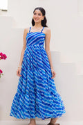 Sky Blue Fully Flared Garden Tiered Floral Sleeveless Maxi Dress PR