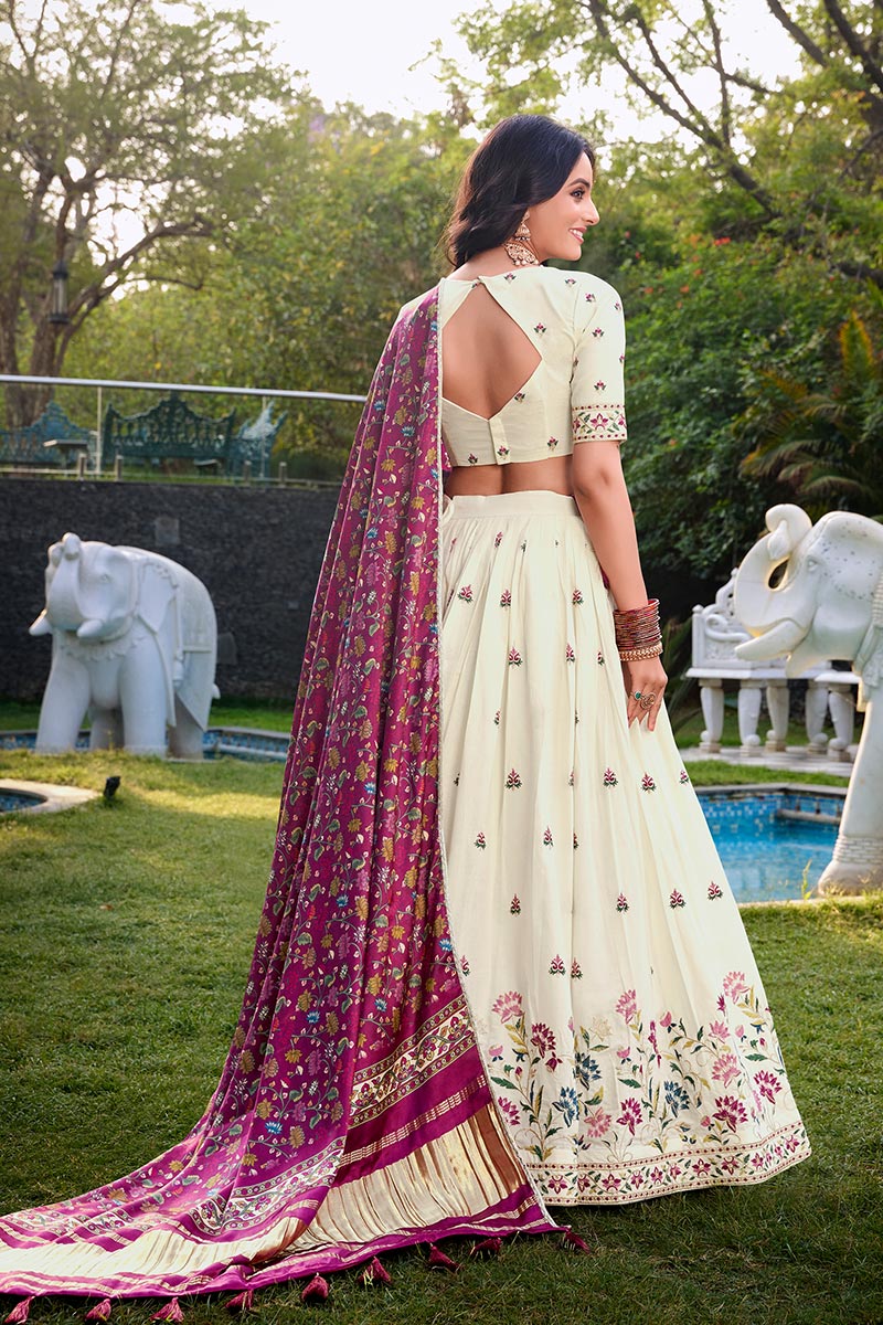 Ivory Embroidered Floral Lehenga Set with Plum Dupatta PR