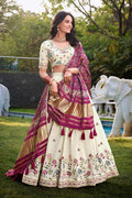 Ivory Embroidered Floral Lehenga Set with Plum Dupatta PR
