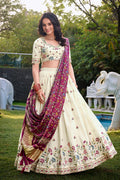 Ivory Embroidered Floral Lehenga Set with Plum Dupatta PR