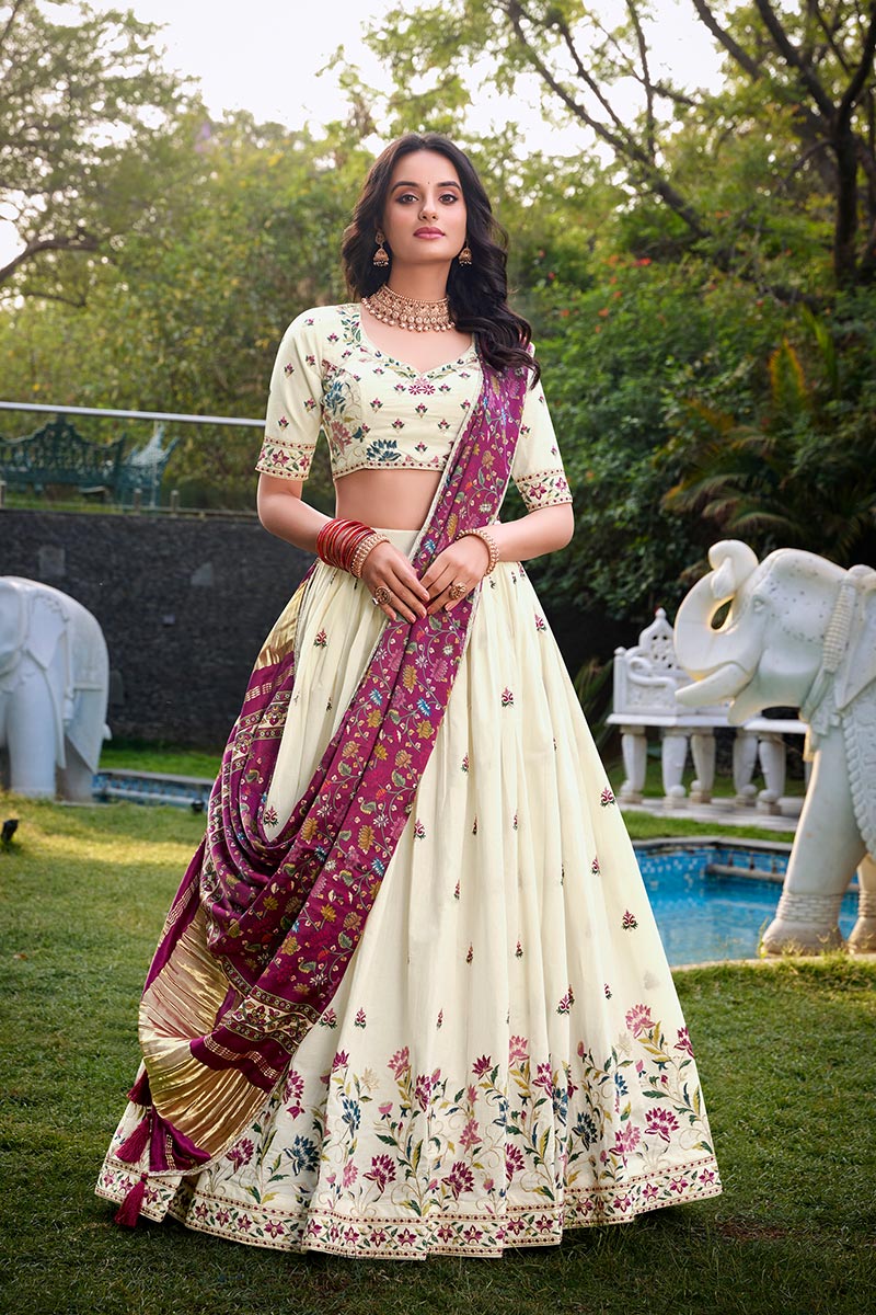 Ivory Embroidered Floral Lehenga Set with Plum Dupatta PR