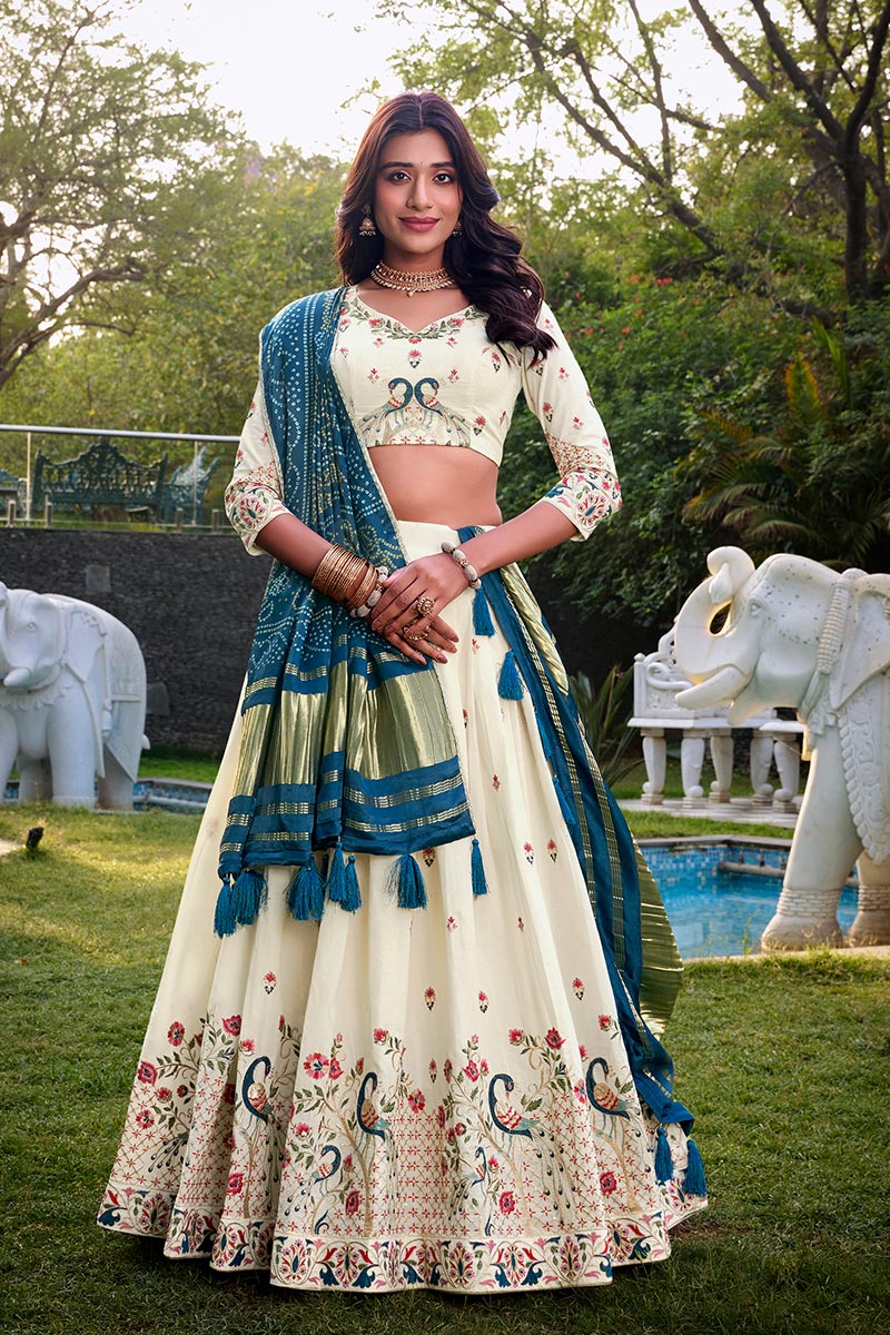 Handcrafted Ivory Floral Lehenga with Rama Blue Dupatta PR