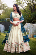 Handcrafted Ivory Floral Lehenga with Rama Blue Dupatta PR