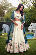 Handcrafted Ivory Floral Lehenga with Rama Blue Dupatta PR