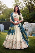Handcrafted Ivory Floral Lehenga with Rama Blue Dupatta PR
