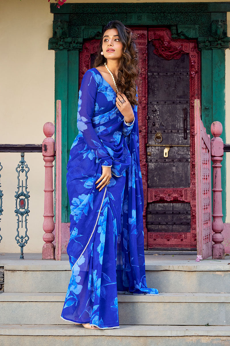 Royal Blue Floral Print Saree with Blouse Piece PR