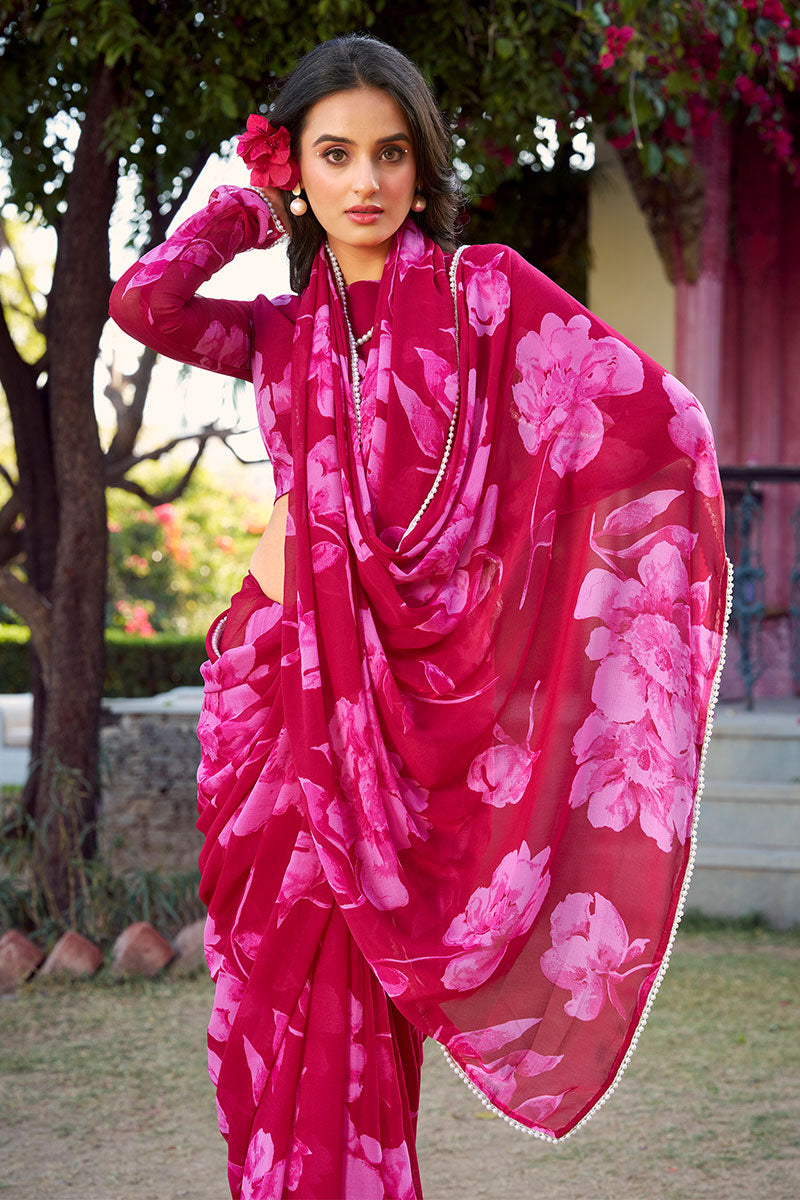 Partywear Pink Floral Saree with Matching Blouse Piece PR