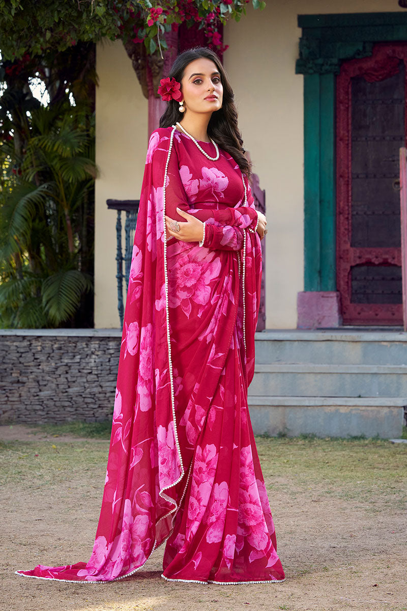 Partywear Pink Floral Saree with Matching Blouse Piece PR