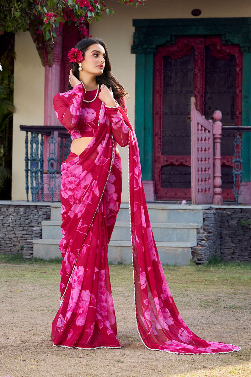 Partywear Pink Floral Saree with Matching Blouse Piece PR