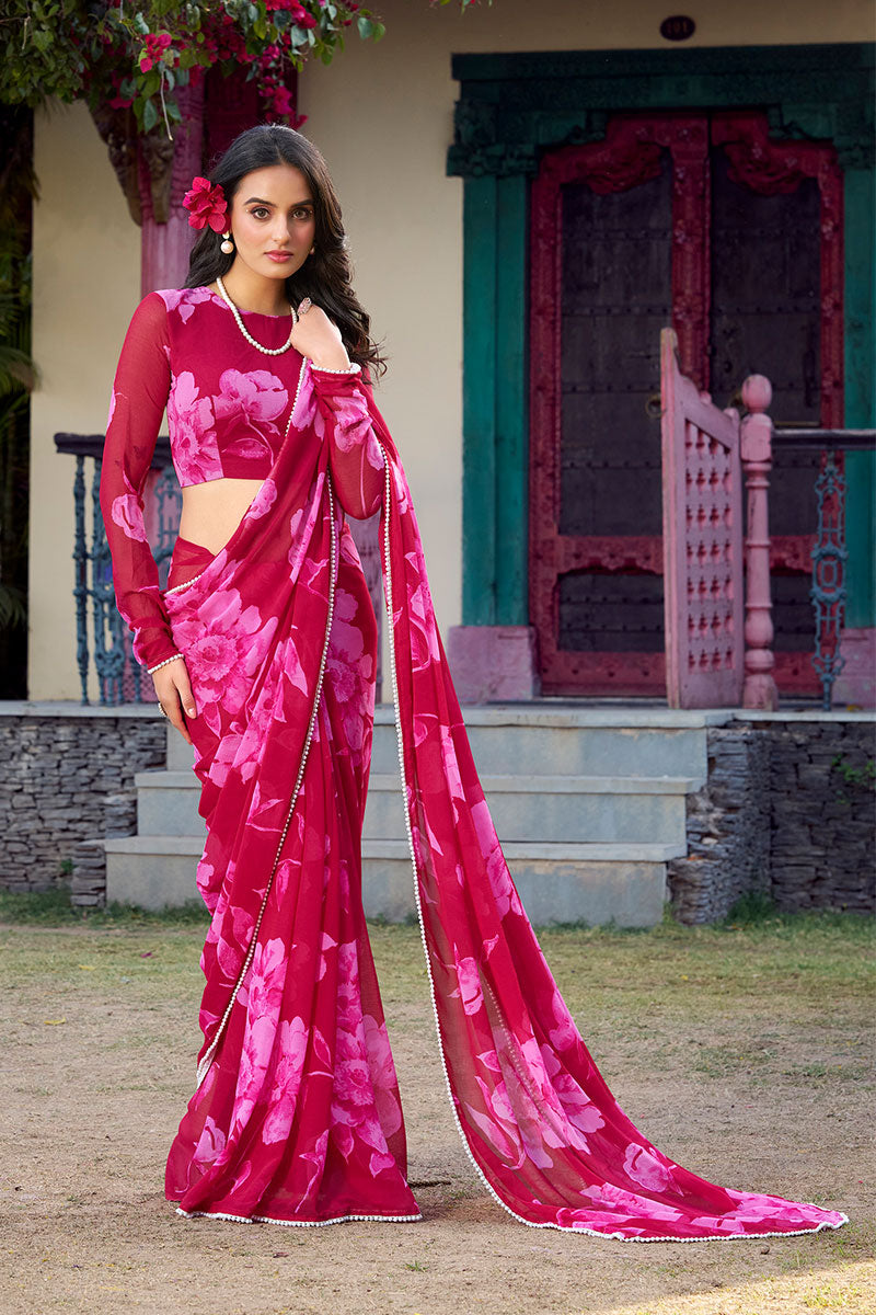 Partywear Pink Floral Saree with Matching Blouse Piece PR