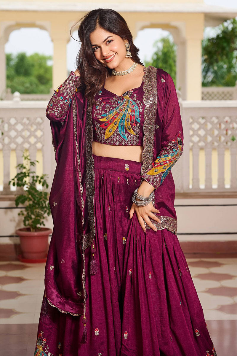 Royal Wine Colour Embroidered Plum Lehenga Set PR