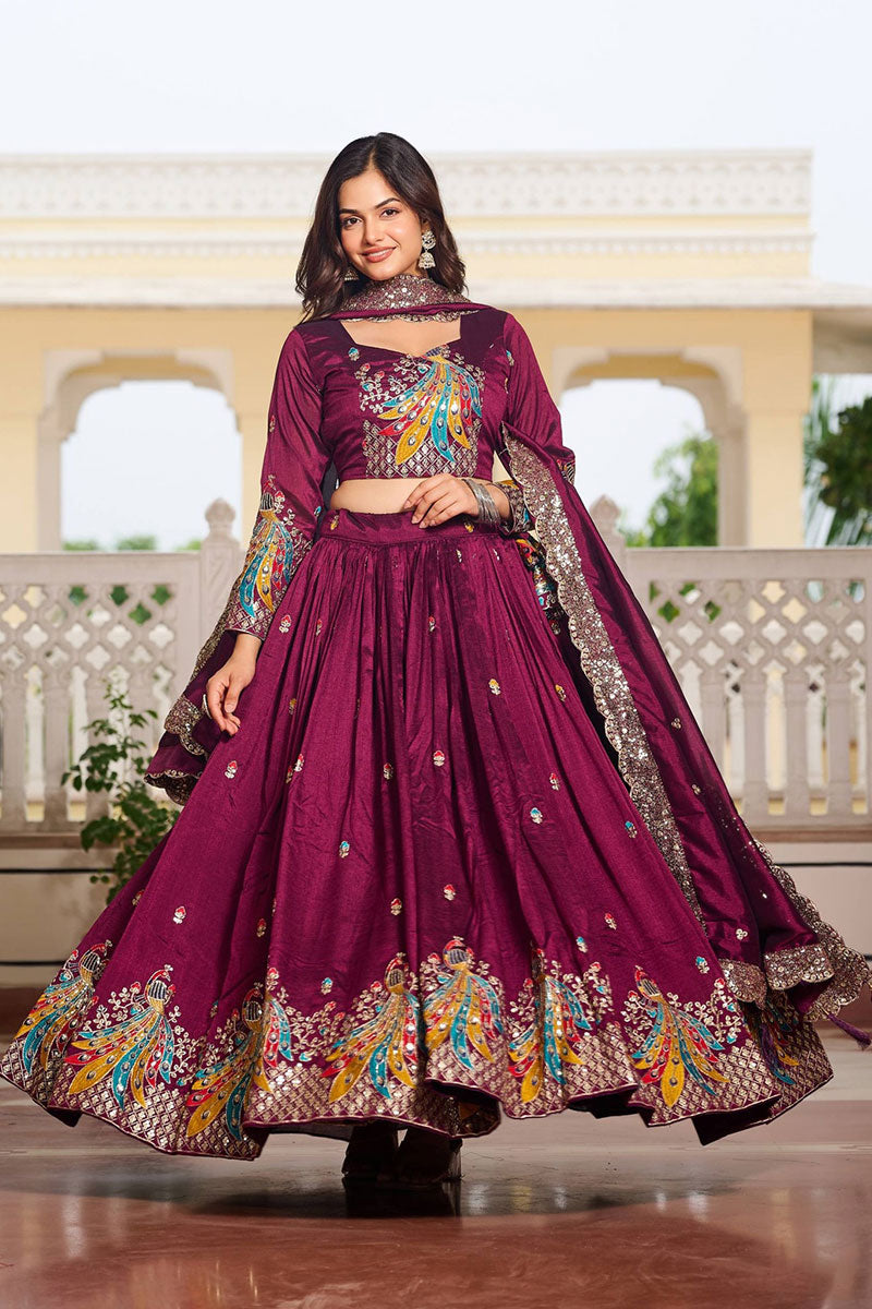 Royal Wine Colour Embroidered Plum Lehenga Set PR