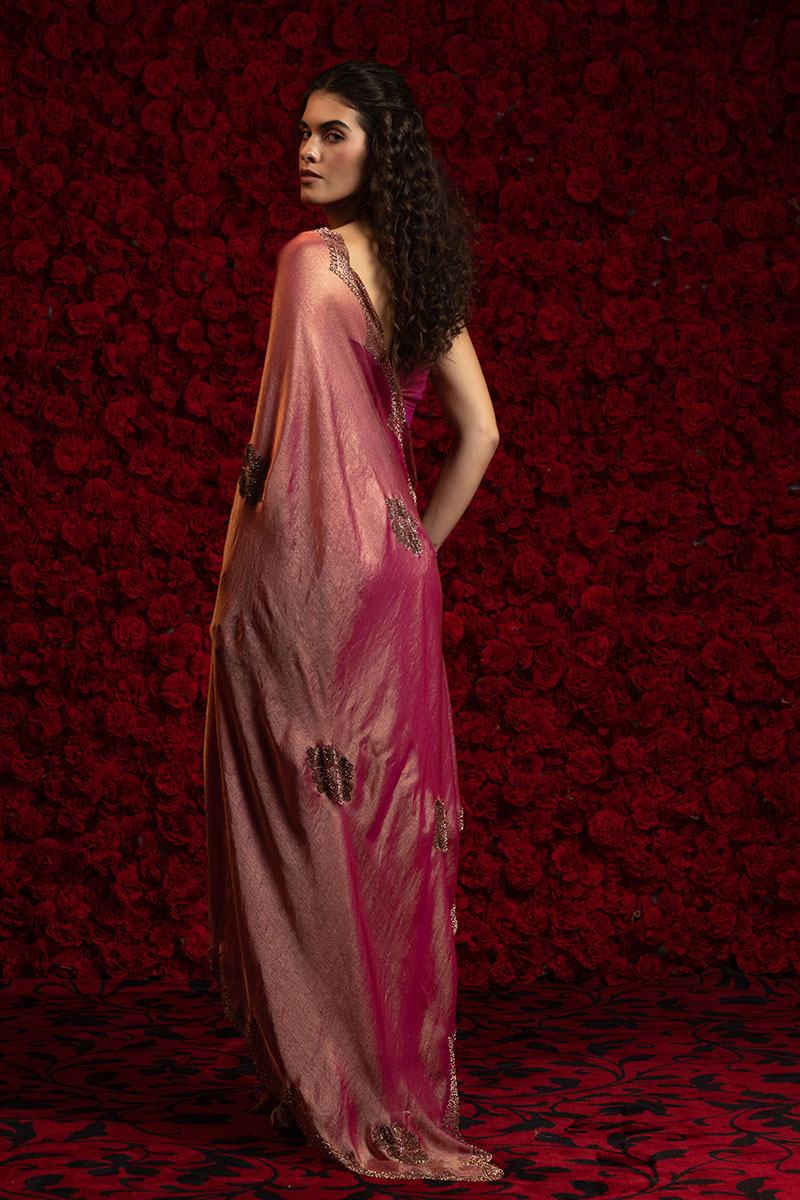 Exquisite Gajari Silk Saree – Elegant Metallic Sheen with Delicate Embellishment PR