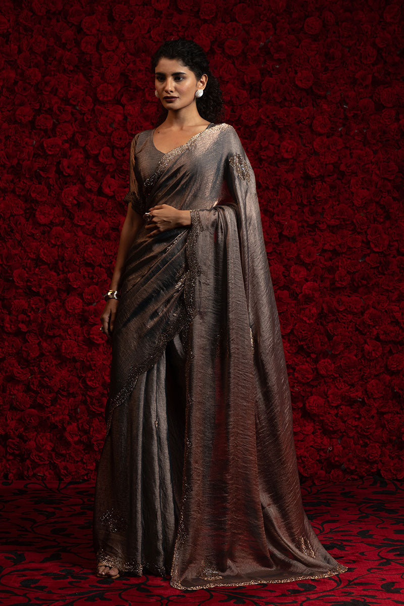 Metalic Grey Silk Saree – Elegant Metallic Sheen with Delicate Embellishment PR