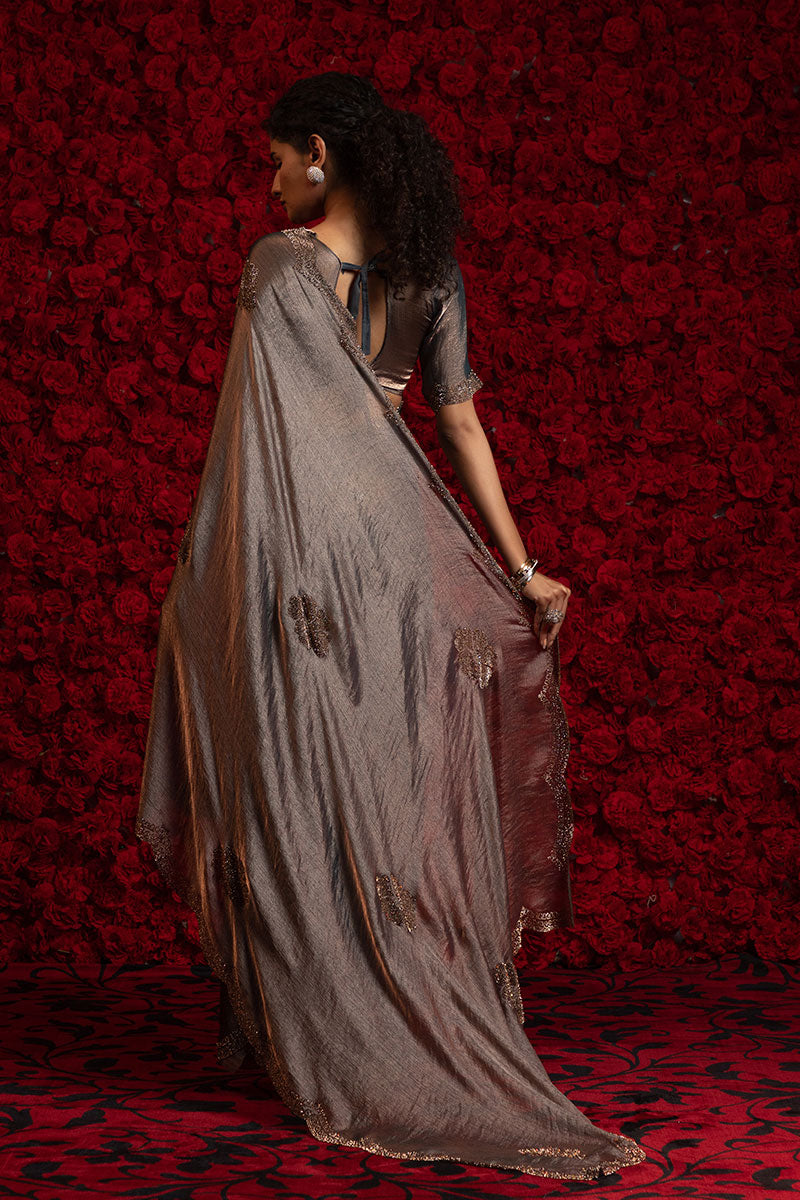 Metalic Grey Silk Saree – Elegant Metallic Sheen with Delicate Embellishment PR