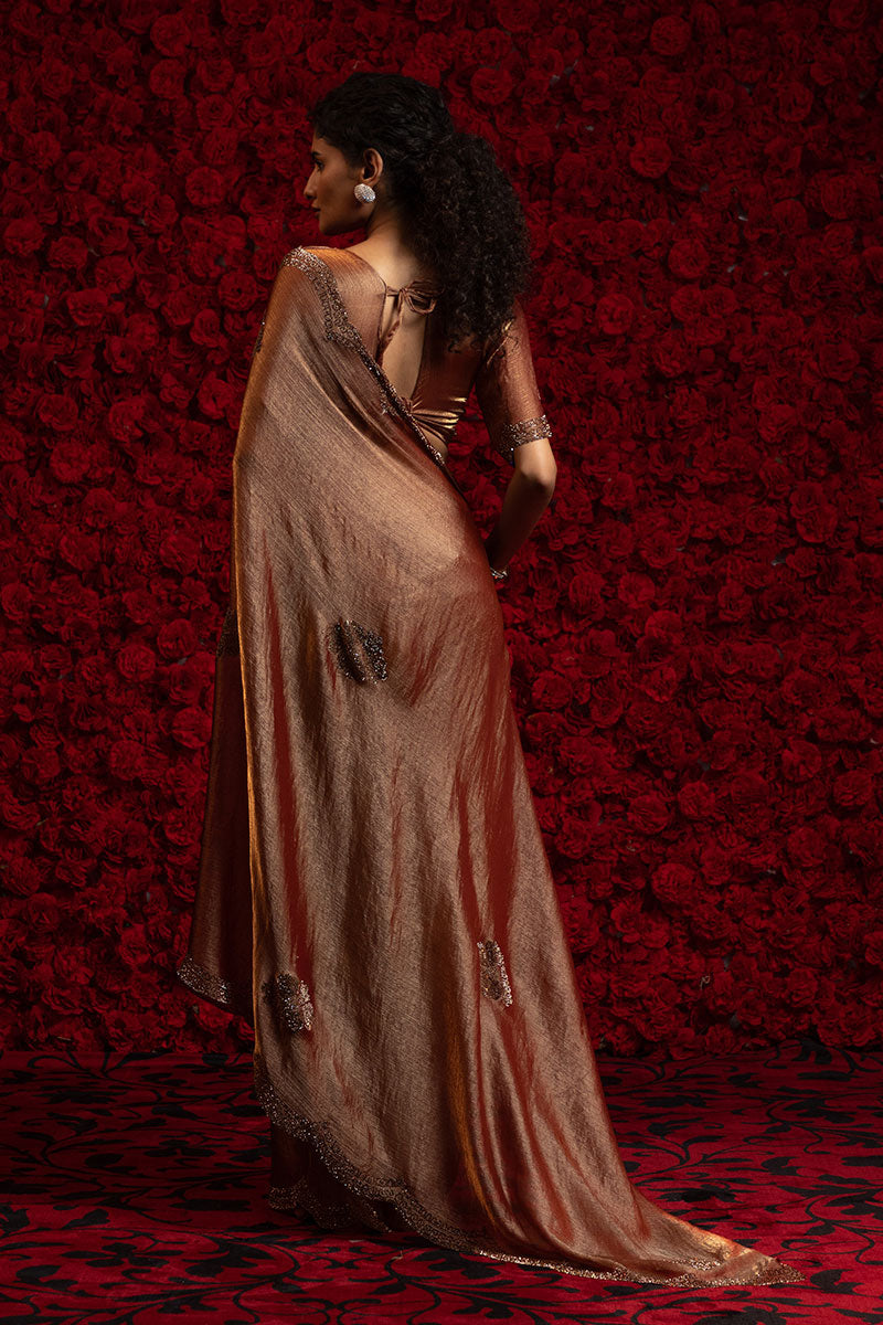 Peach Silk Saree – Elegant Metallic Sheen with Delicate Embellishment PR