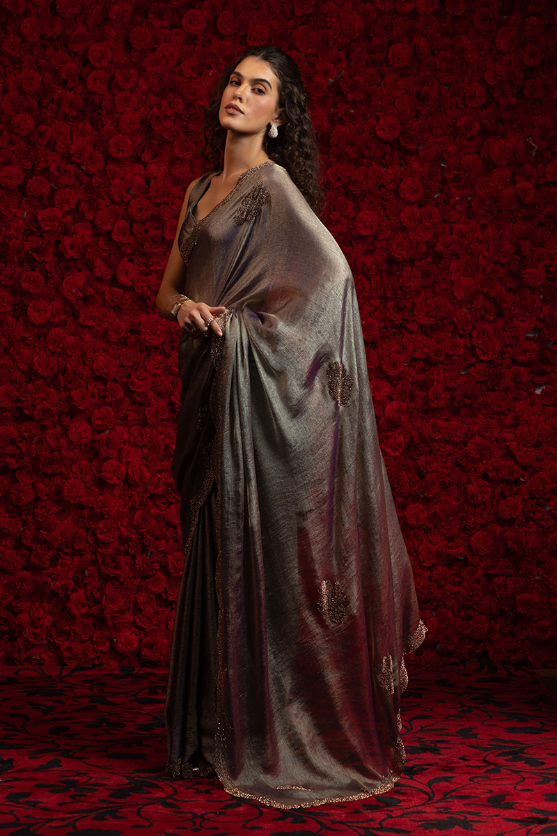Grey Saree – Elegant Metallic Sheen with Delicate Embellishment PR