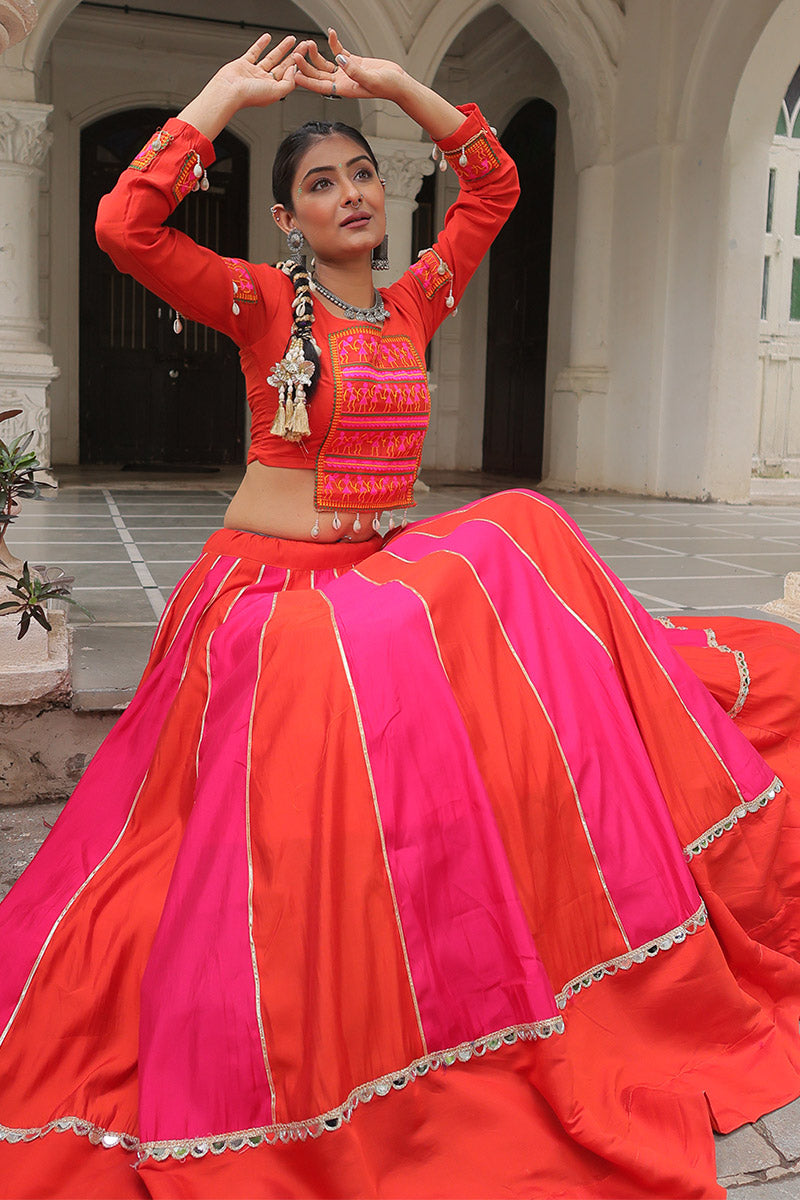 Pink & Red Mirror-Work Navratri Lehenga Choli – UK Festive Wear RTI