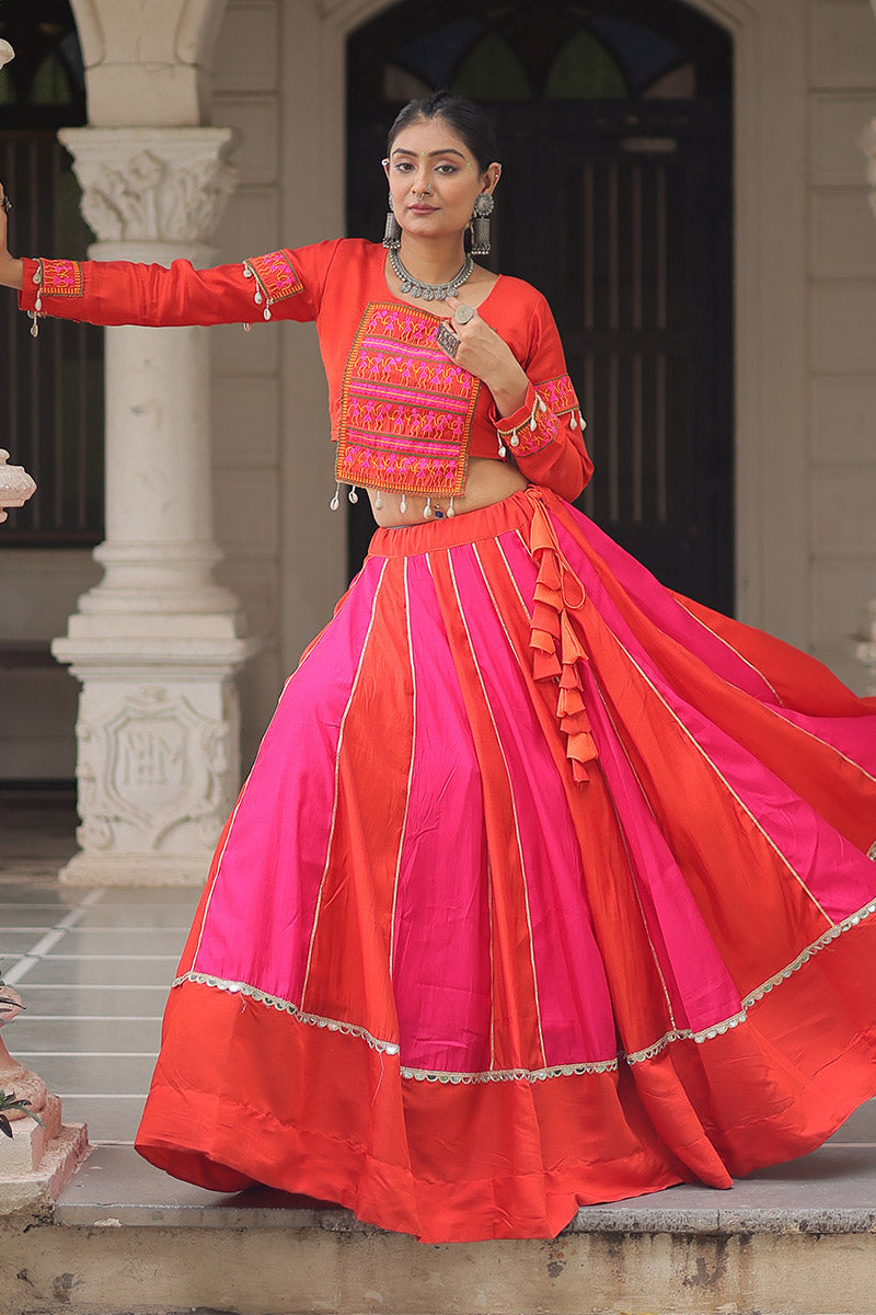 Pink & Red Mirror-Work Navratri Lehenga Choli – UK Festive Wear RTI