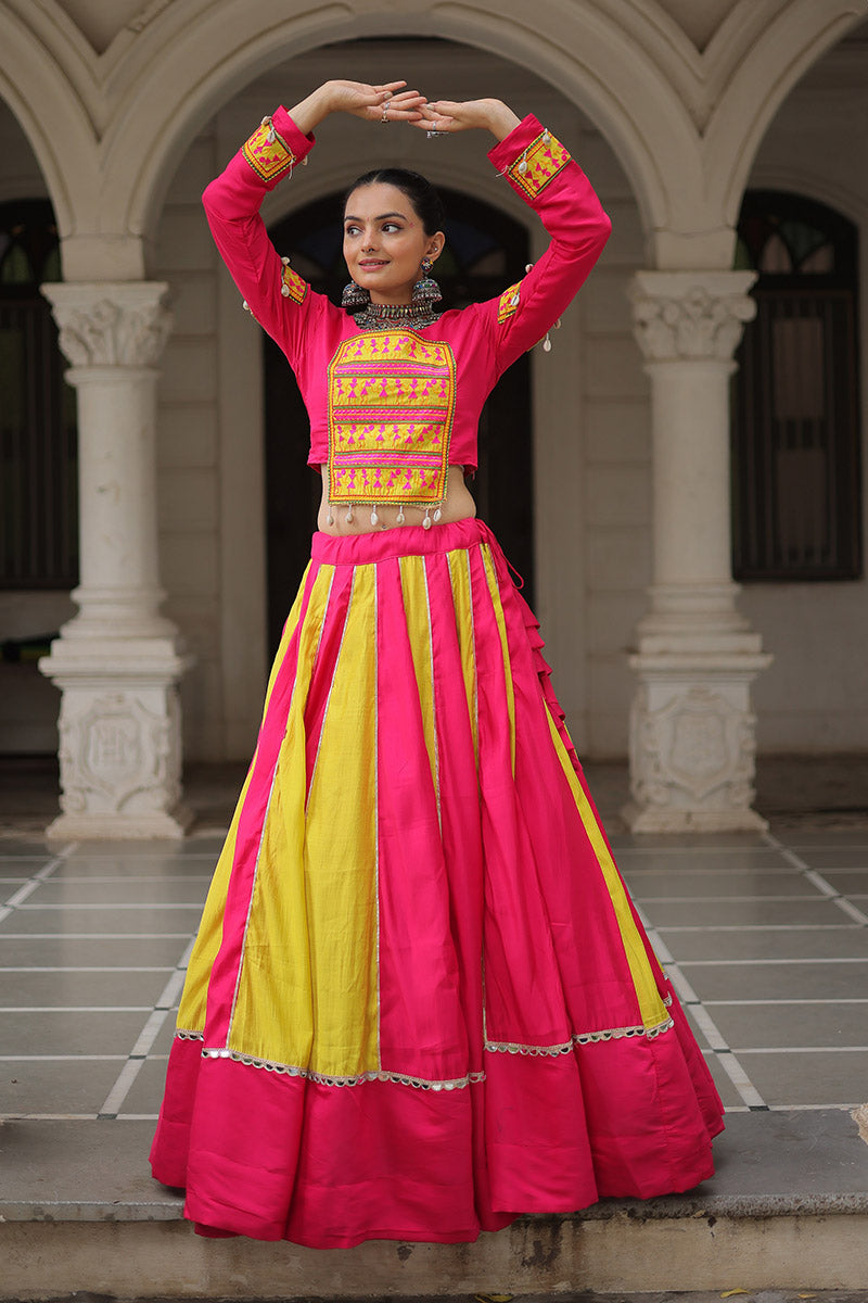 Pink & Yellow Mirror-Work Navratri Lehenga Choli – UK Festive Wear PR