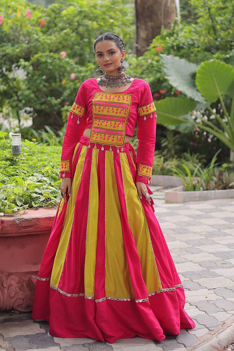 Pink & Yellow Mirror-Work Navratri Lehenga Choli – UK Festive Wear PR