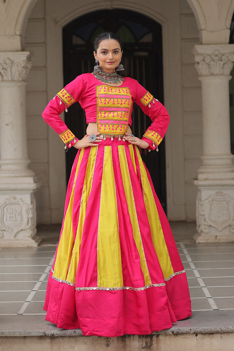 Pink & Yellow Mirror-Work Navratri Lehenga Choli – UK Festive Wear PR