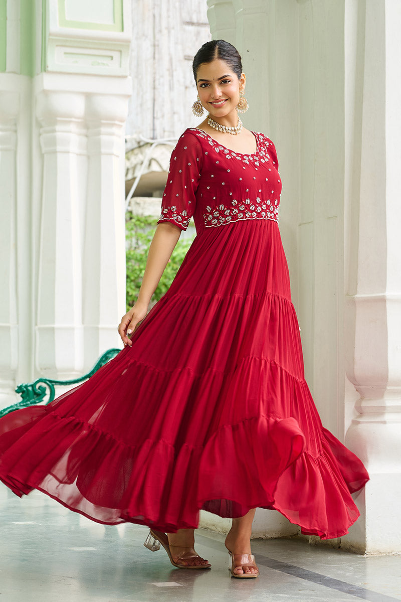 Luxurious Red Embroidered Maxi Ethnic Dress PR