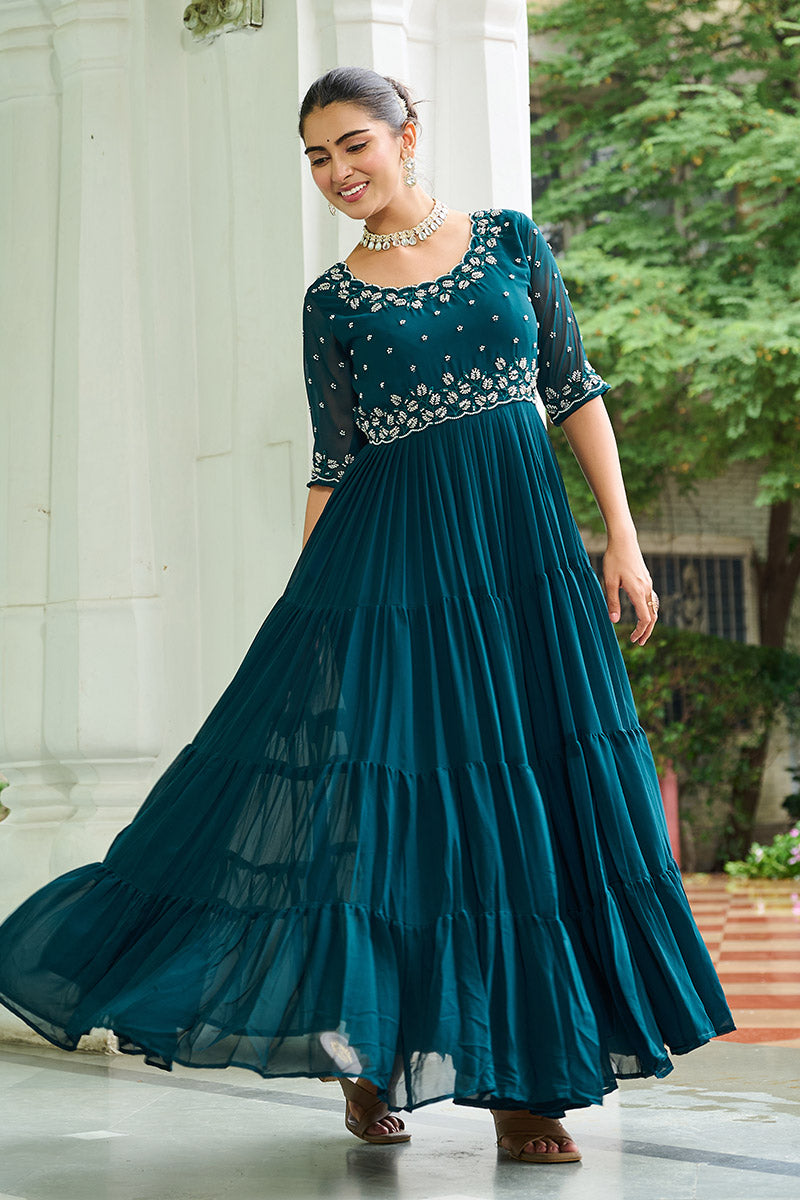 Elegant Rama Blue Embroidered Maxi Ethnic Dress PR