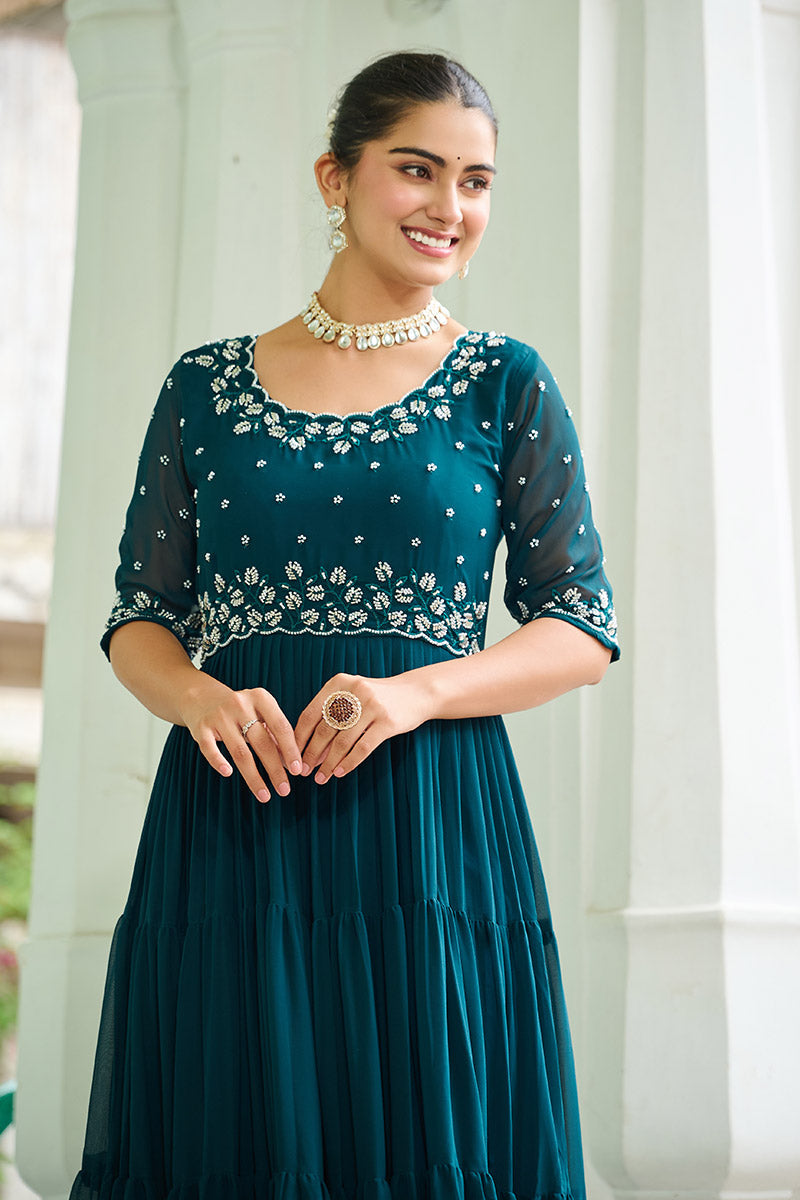 Elegant Rama Blue Embroidered Maxi Ethnic Dress PR
