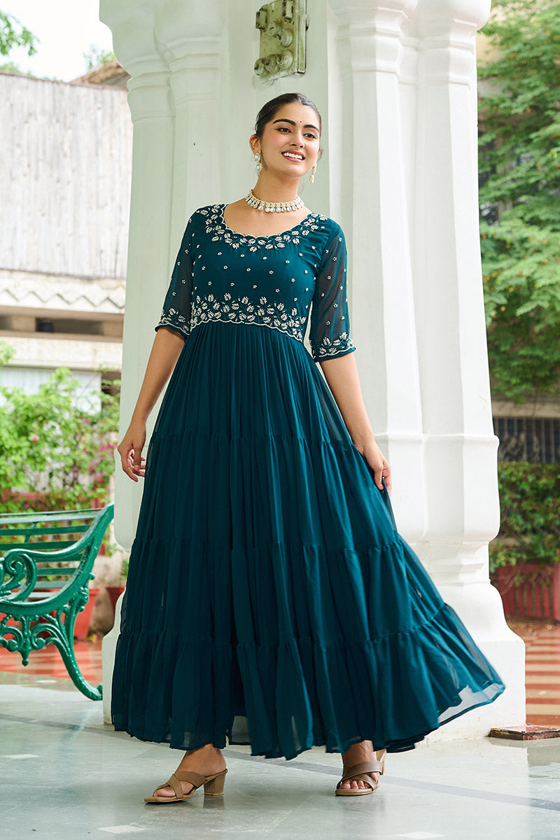 Elegant Rama Blue Embroidered Maxi Ethnic Dress PR