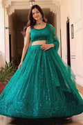 Teal Green Semi-Stitched Soft Net Lehenga with Sequins & Pearl Embroidery PR