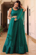 Teal Green Semi-Stitched Soft Net Lehenga with Sequins & Pearl Embroidery PR