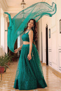 Teal Green Semi-Stitched Soft Net Lehenga with Sequins & Pearl Embroidery PR