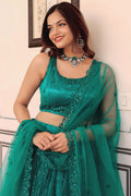 Teal Green Semi-Stitched Soft Net Lehenga with Sequins & Pearl Embroidery PR