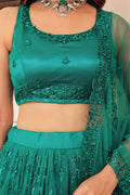 Teal Green Semi-Stitched Soft Net Lehenga with Sequins & Pearl Embroidery PR