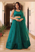 Teal Green Semi-Stitched Soft Net Lehenga with Sequins & Pearl Embroidery PR