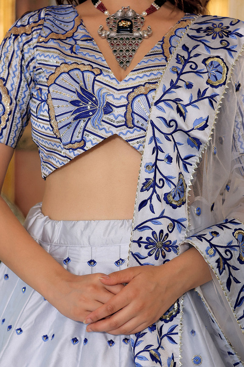 White & Blue Soft Net Lehenga with Sequins & Pearl Embroidery PR