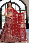 Maroon Soft Net Lehenga with Thread, Sequins & Pearl Embroidery PR