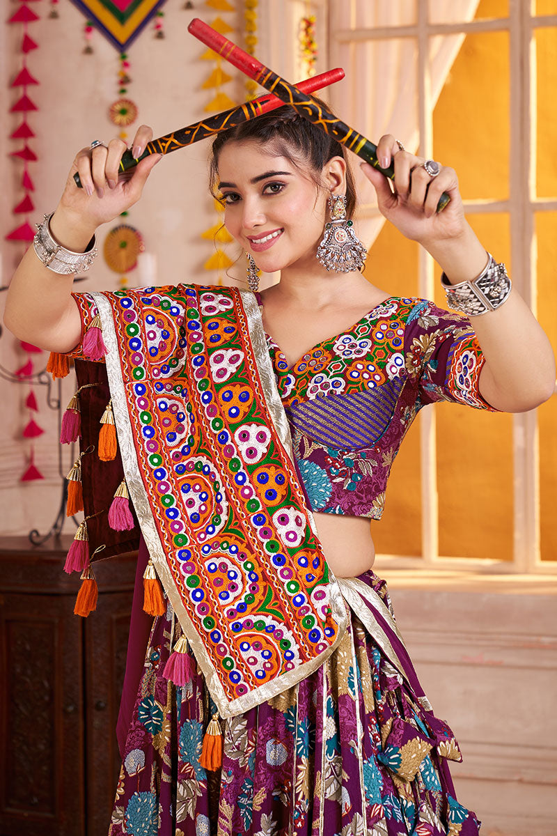 Vibrant Mirror-Work Ghagra Choli – Maroon Floral Twirl Lehenga PR