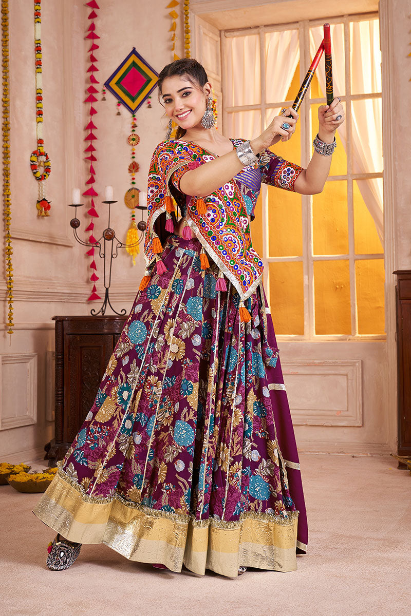 Vibrant Mirror-Work Ghagra Choli – Maroon Floral Twirl Lehenga PR