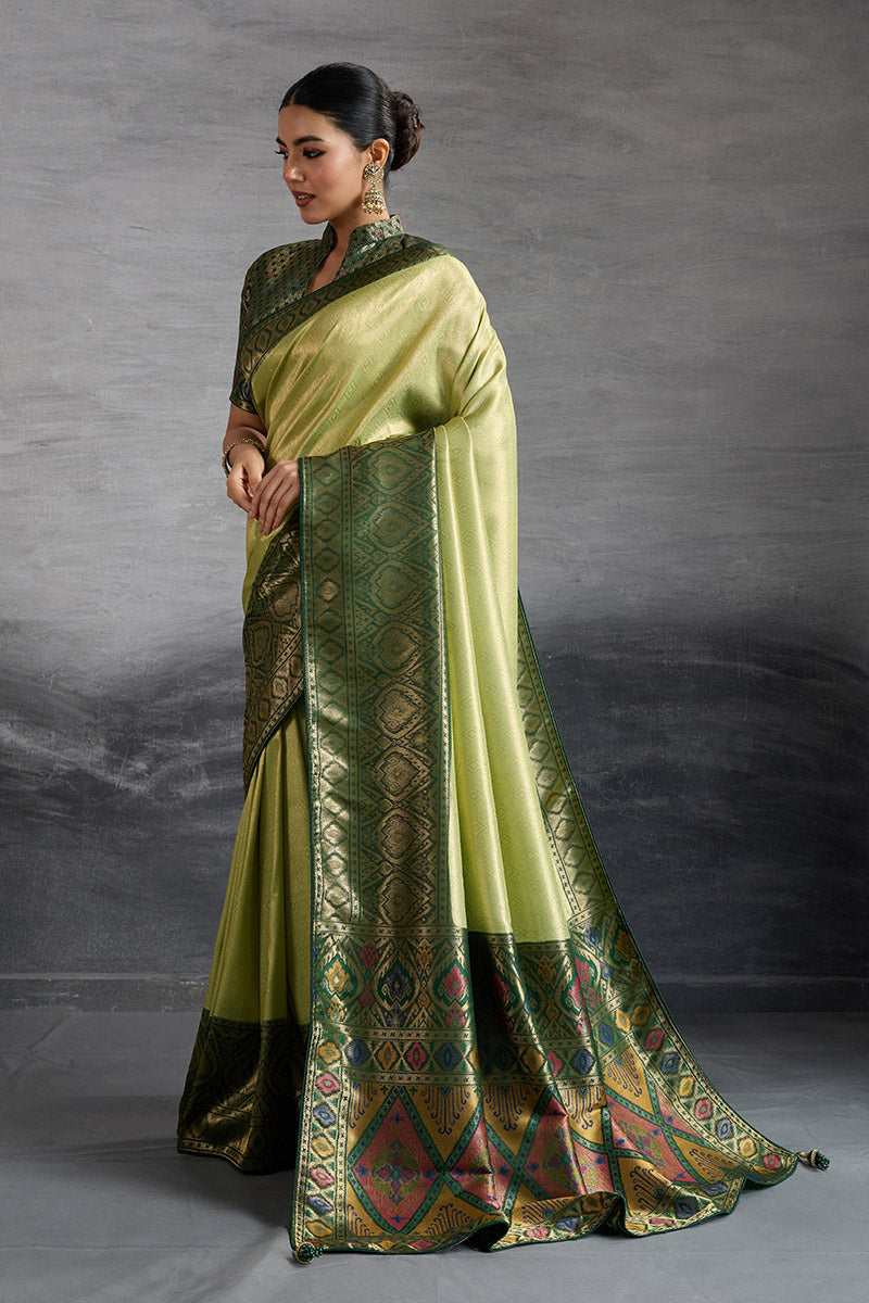 Elegant Green-Gold Woven Saree – Traditional Festive Drape PR