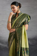 Elegant Green-Gold Woven Saree – Traditional Festive Drape PR