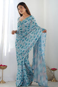 Stylish Light Blue Floral Saree | Festive & Special Occasion Wear PR