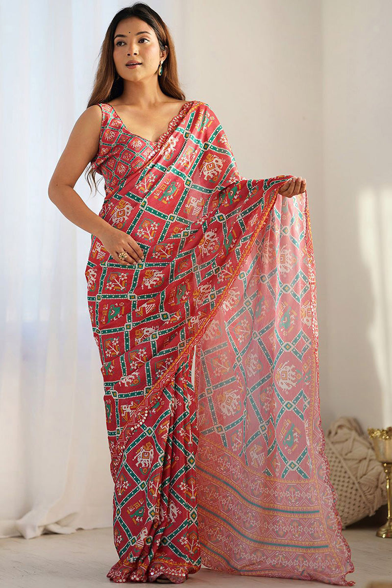 Red Saree with Geometric Print | Party & Wedding Georgette PR
