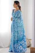 Elegant Georgette Saree | Sky Blue Floral Party Wear PR